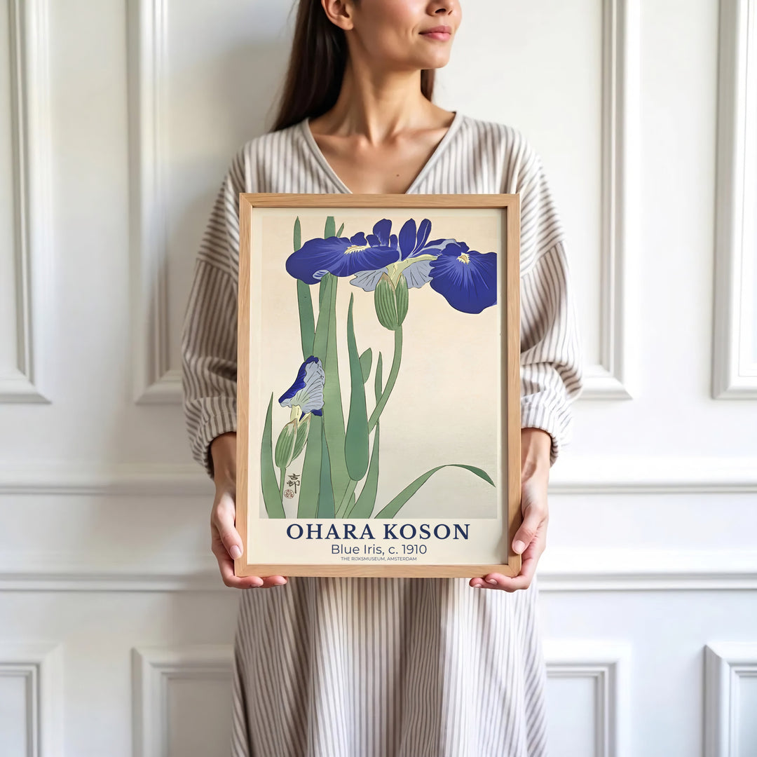 High-definition 1910 Japanese Shin-hanga print of Ohara Koson blue iris artwork referencing The Rijksmuseum, Amsterdam gallery exhibits. Order custom framed, unframed, and canvas print options at MapYourDreams.