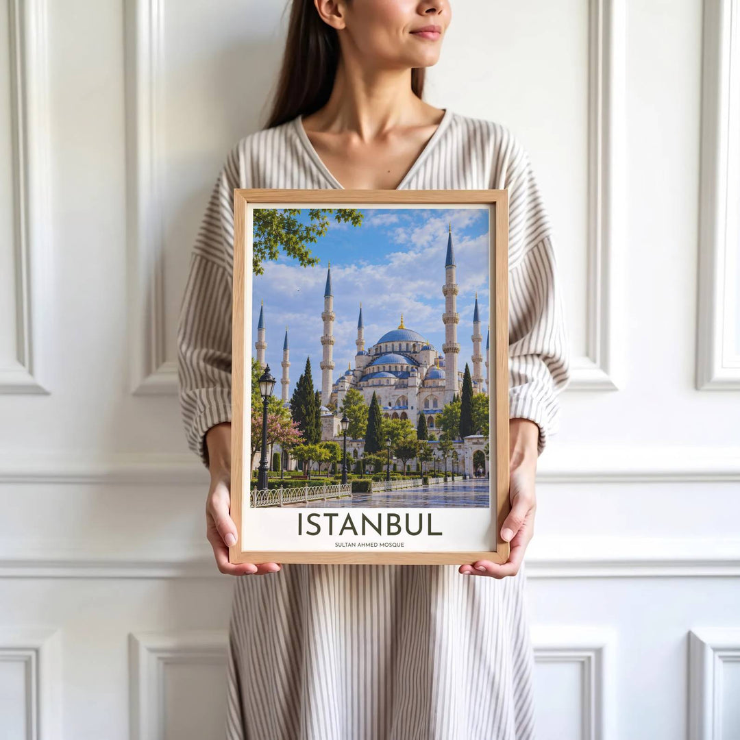 High detail architectural photo print depicting Istanbul Blue Mosque domes, minarets, and surrounding gardens. Brought by MapYourDreams, this artwork is available in flexible options including unframed paper, custom wooden frames, and gallery canvas wraps for study room decor.