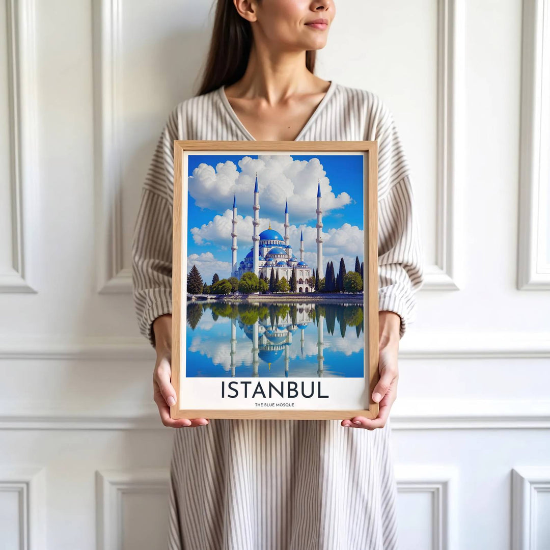 High detail architectural print depicting Istanbul Blue Mosque domes, minarets, and blue sky reflections. Brought by MapYourDreams, this artwork is available in flexible options including unframed paper, custom wooden frames, and gallery canvas wraps for study room decor.