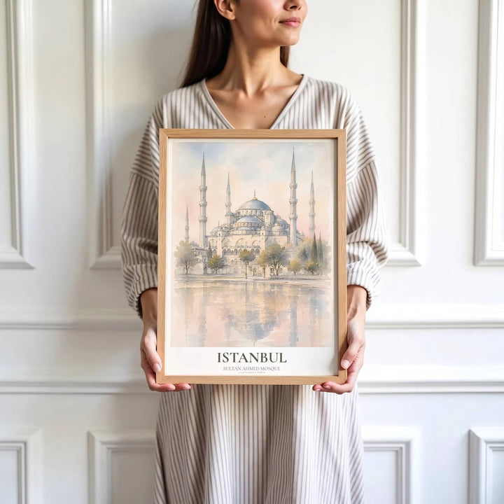 High detail watercolor print depicting Istanbul Blue Mosque domes, minarets, and tranquil water reflection washes. Brought by MapYourDreams, this artwork is available in flexible options including unframed paper, custom wooden frames, and gallery canvas wraps for study room decor.