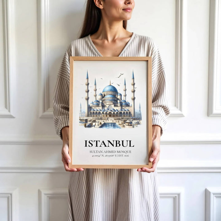 High detail watercolor print depicting Istanbul Blue Mosque domes, minarets, and plaza fountain pool on white. Brought by MapYourDreams, this artwork is available in flexible options including unframed paper, custom wooden frames, and gallery canvas wraps for study room decor.