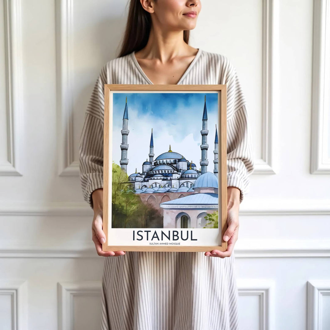 Vibrant travel wall art print of Istanbul Blue Mosque with atmospheric sky bleeds and soft spring foliage. Presented by MapYourDreams, this artwork is available in flexible options including unframed paper, custom wooden frames, and gallery canvas wraps for timeless wall decor.
