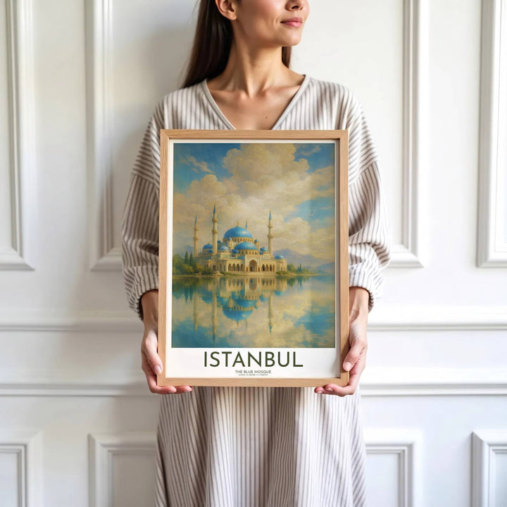 High detail oil painting print depicting Istanbul Blue Mosque domes, soaring minarets, and mountain lake reflections. Brought by MapYourDreams, this artwork is available in flexible options including unframed paper, custom wooden frames, and gallery canvas wraps for study room decor.