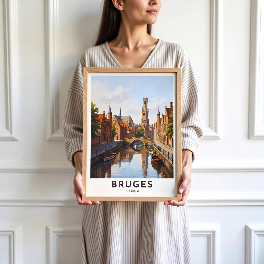 Sophisticated architectural artwork focusing on Bruges, Belgium, capturing water reflections, stone arch bridges, and the historic Belfry. Available in multiple presentation styles such as unframed paper prints, custom framed posters, and gallery stretched canvas.