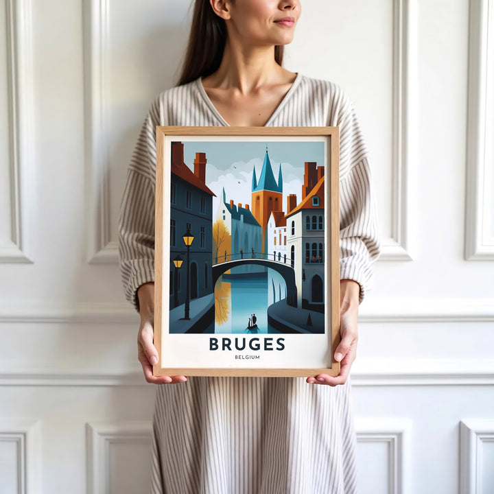 A Bruges Belgium city poster displaying historic canal bridges and medieval spires through clean, high-contrast graphic illustration. Offered by MapYourDreams, this artwork is available in flexible options including unframed paper, custom wooden frames, and gallery canvas wraps.