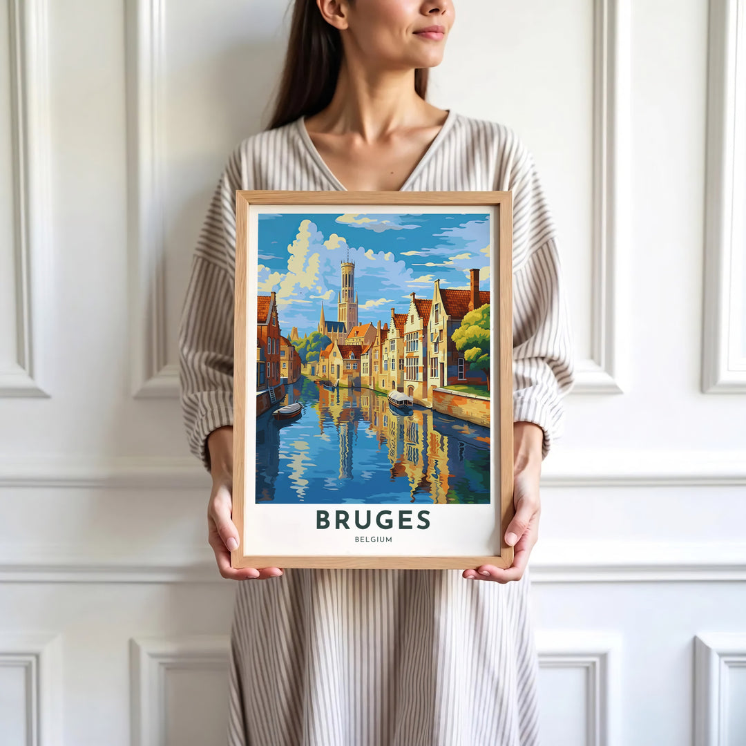 Expressive architectural artwork focusing on Bruges, Belgium, capturing water reflections, step-gabled houses, and the historic Belfry. Available in multiple presentation styles such as unframed paper prints, custom framed posters, and gallery stretched canvas.