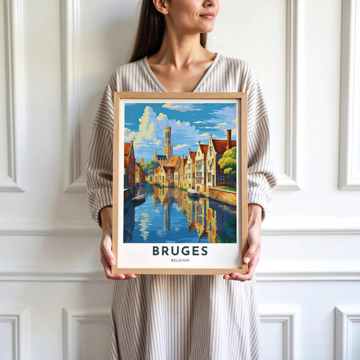 Expressive architectural artwork focusing on Bruges, Belgium, capturing water reflections, step-gabled houses, and the historic Belfry. Available in multiple presentation styles such as unframed paper prints, custom framed posters, and gallery stretched canvas.