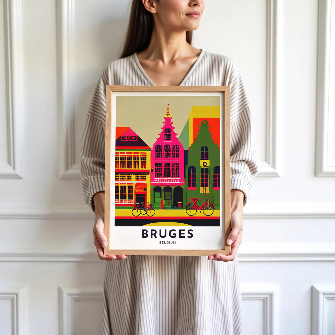 Expressive pop art artwork focusing on Bruges, Belgium, capturing historic step-gabled facades, arched windows, and city bikes in electric colors. Available in multiple presentation styles such as unframed paper prints, custom framed posters, and gallery stretched canvas.