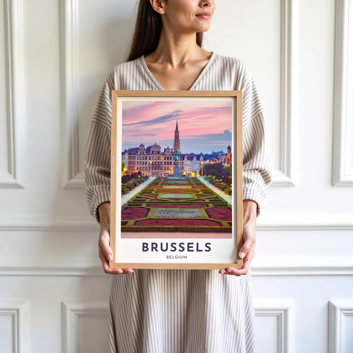 Historic urban wall decor detailing the symmetrical gardens and distant Grand Place tower at Mont des Arts in Brussels, Belgium. Available in multiple presentation styles such as unframed paper prints, custom framed posters, and gallery stretched canvas.