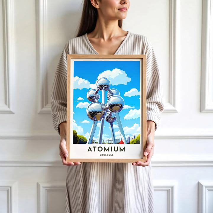 Historic urban wall decor detailing the unique Expo 58 Atomium building in Brussels, Belgium, set above parkland greenery. Available in multiple presentation styles such as unframed paper prints, custom framed posters, and gallery stretched canvas.