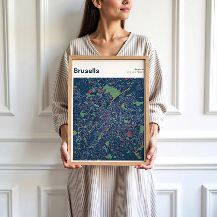 Sophisticated street map decor highlighting the precise coordinates and layout of Brussels, Belgium, for modern interior design. Available in multiple presentation styles such as unframed paper prints, custom framed posters, and gallery stretched canvas.