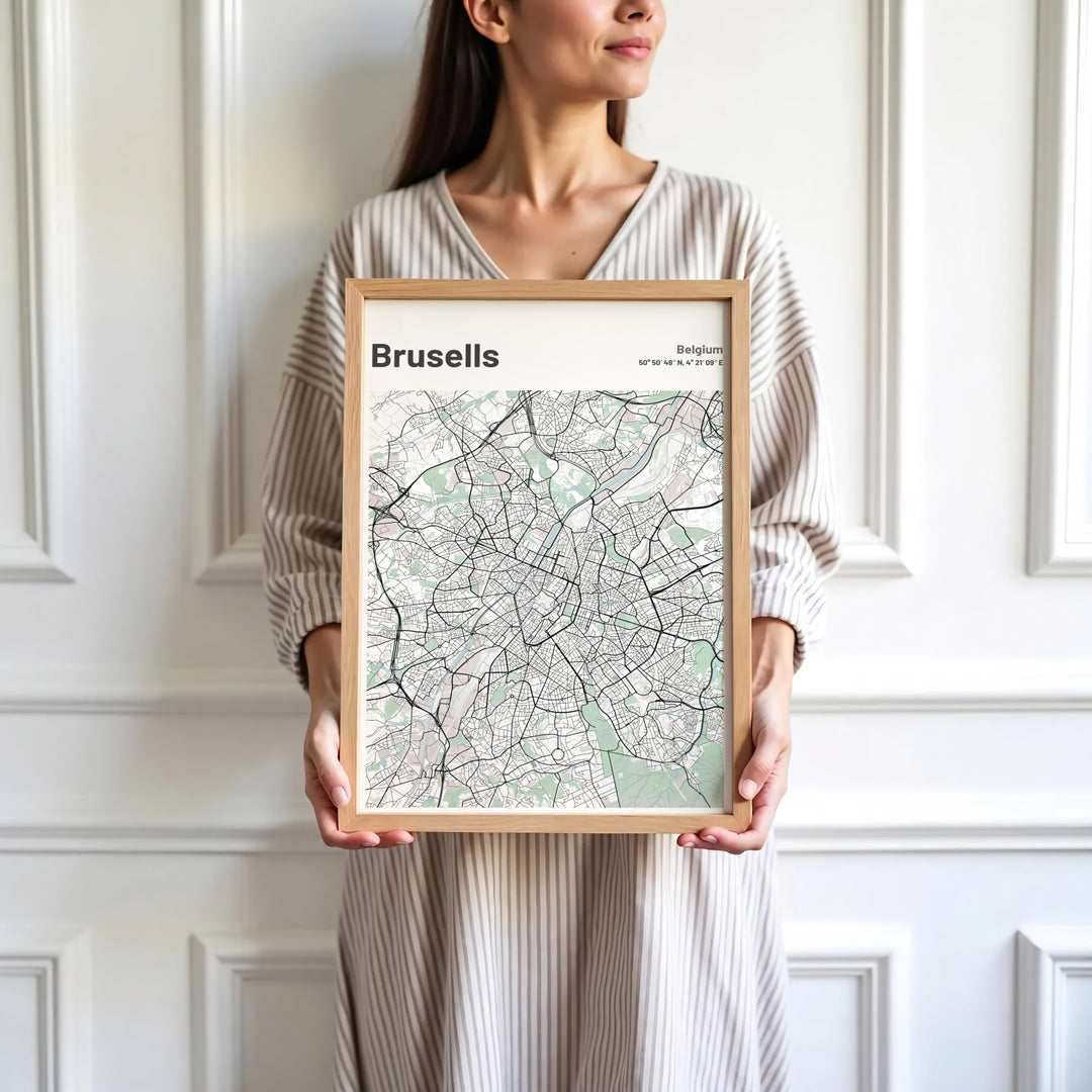 Sophisticated street map decor highlighting the precise coordinates and layout of Brussels, Belgium, for modern home interiors. Available in multiple presentation styles such as unframed paper prints, custom framed posters, and gallery stretched canvas.