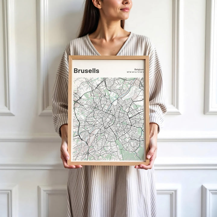 Sophisticated street map decor highlighting the precise coordinates and layout of Brussels, Belgium, for modern home interiors. Available in multiple presentation styles such as unframed paper prints, custom framed posters, and gallery stretched canvas.