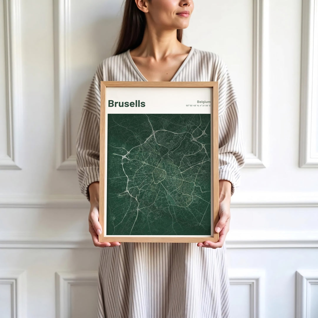 Sophisticated street map decor highlighting the precise coordinates and layout of Brussels, Belgium, for modern interior design. Available in multiple presentation styles such as unframed paper prints, custom framed posters, and gallery stretched canvas.