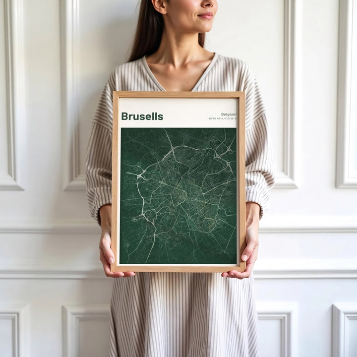Sophisticated street map decor highlighting the precise coordinates and layout of Brussels, Belgium, for modern interior design. Available in multiple presentation styles such as unframed paper prints, custom framed posters, and gallery stretched canvas.