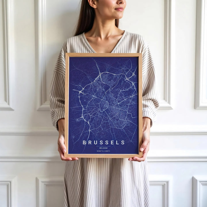 Sophisticated street map decor highlighting the precise coordinates and layout of Brussels, Belgium, for contemporary interior design. Available in multiple presentation styles such as unframed paper prints, custom framed posters, and gallery stretched canvas.