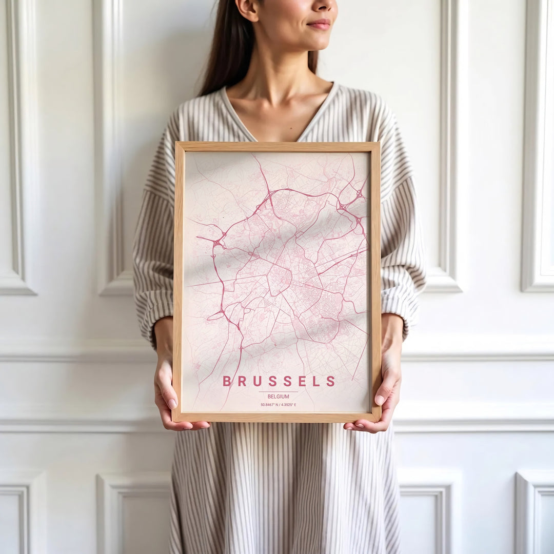 Sophisticated street map decor highlighting the precise coordinates and layout of Brussels, Belgium, for chic interior design. Available in multiple presentation styles such as unframed paper prints, custom framed posters, and gallery stretched canvas.