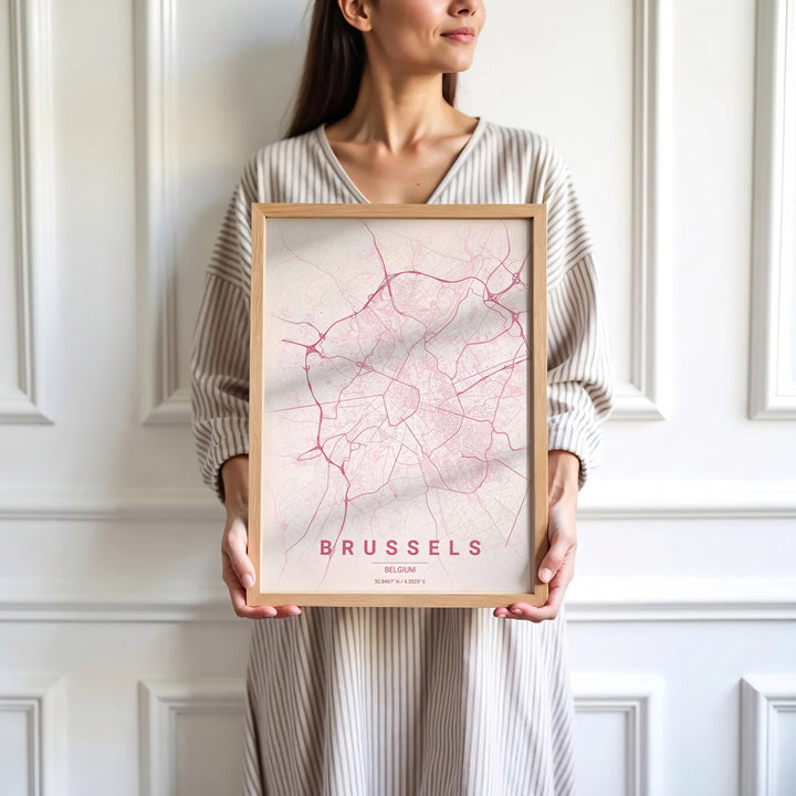 Sophisticated street map decor highlighting the precise coordinates and layout of Brussels, Belgium, for chic interior design. Available in multiple presentation styles such as unframed paper prints, custom framed posters, and gallery stretched canvas.