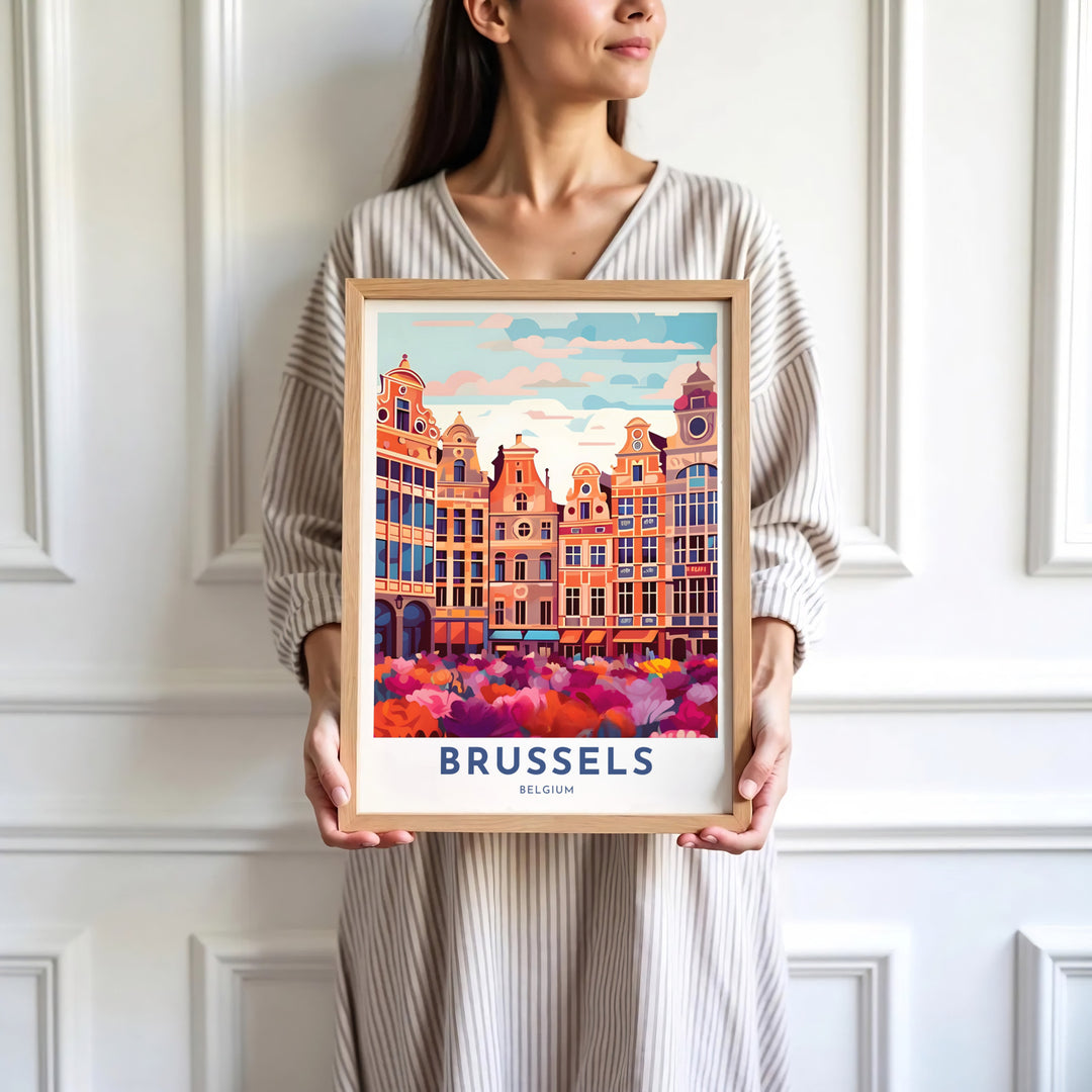 Sophisticated European city decor illustrating the historic charm and flower-covered square of Brussels Grand Place in Belgium. Available in multiple presentation styles such as unframed paper prints, custom framed posters, and gallery stretched canvas.