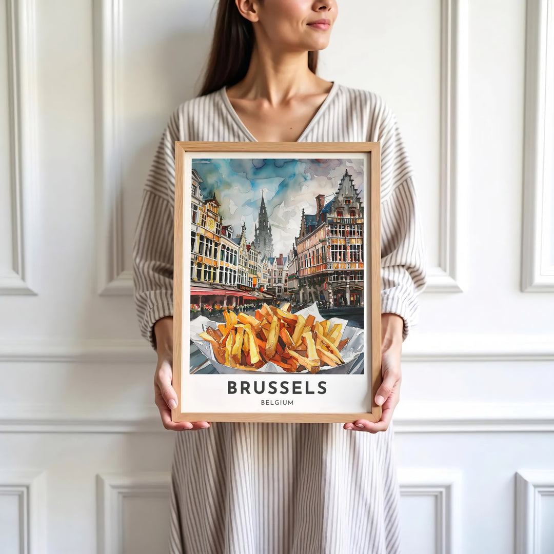 Sophisticated food travel decor illustrating fresh golden fries and the historic square of Brussels Grand Place in Belgium. Available in multiple presentation styles such as unframed paper prints, custom framed posters, and gallery stretched canvas.