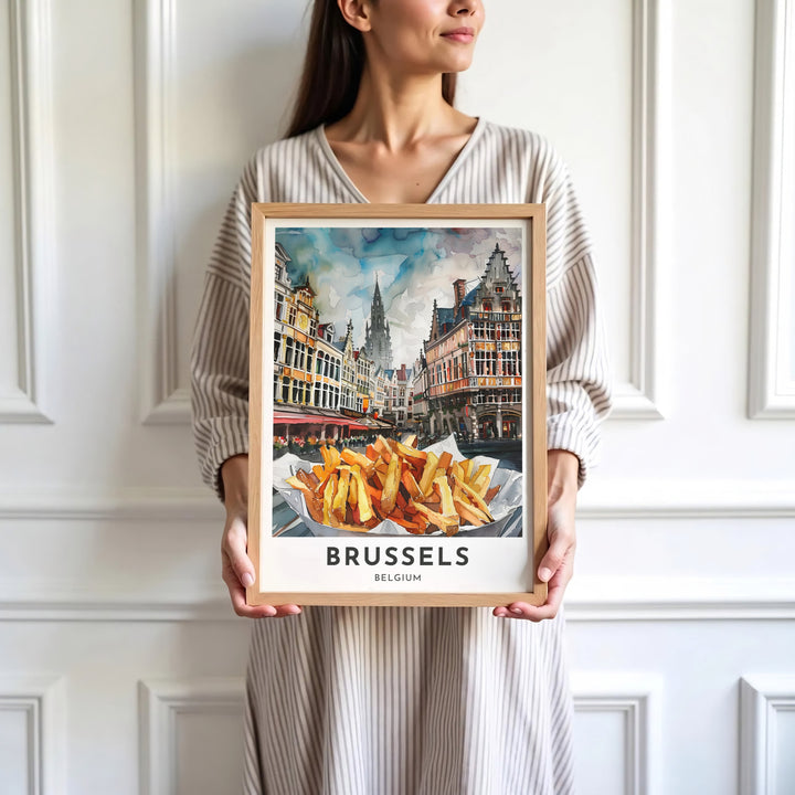 Sophisticated food travel decor illustrating fresh golden fries and the historic square of Brussels Grand Place in Belgium. Available in multiple presentation styles such as unframed paper prints, custom framed posters, and gallery stretched canvas.