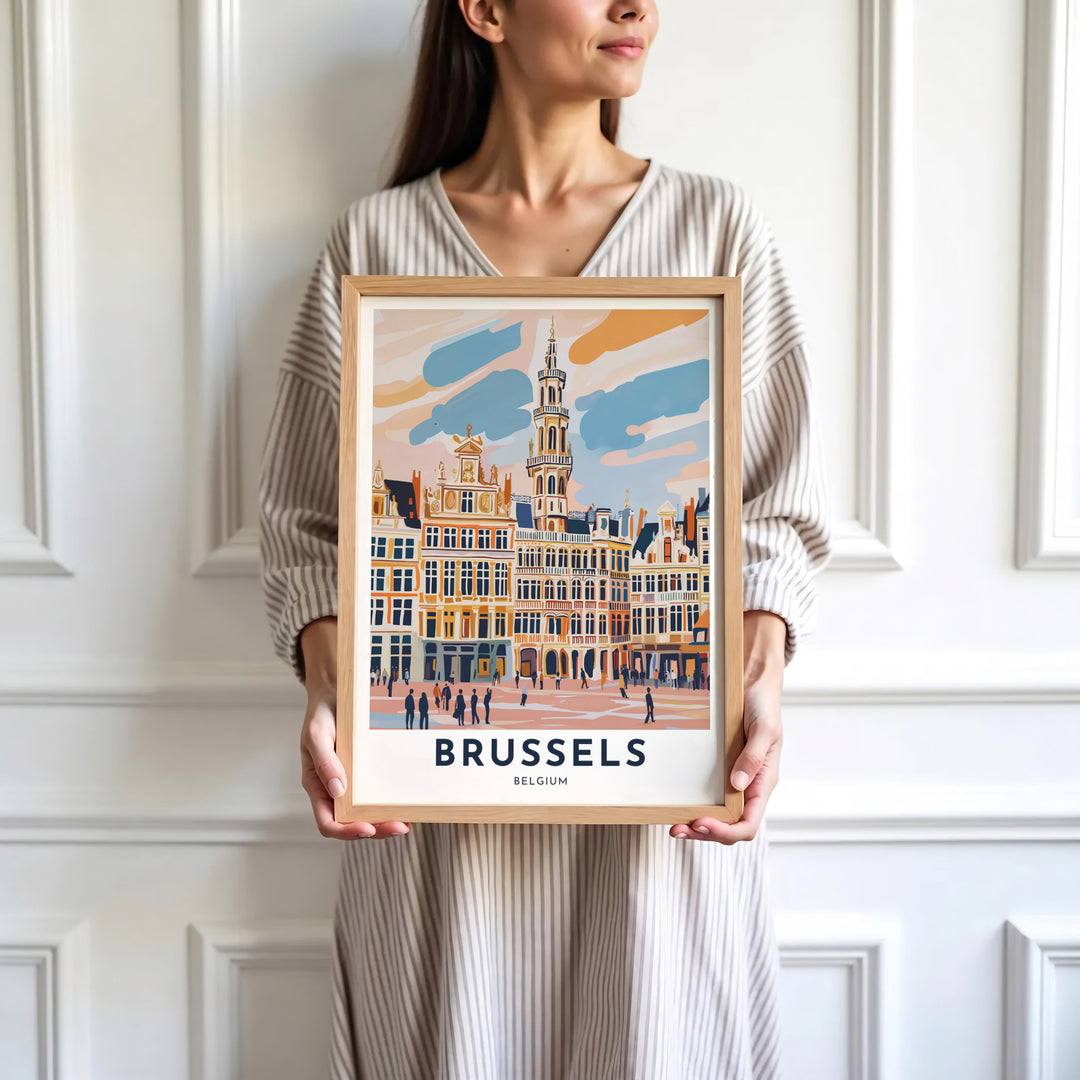 Sophisticated European city decor illustrating the historic charm and sunlit square of Brussels Grand Place in Belgium. Available in multiple presentation styles such as unframed paper prints, custom framed posters, and gallery stretched canvas.