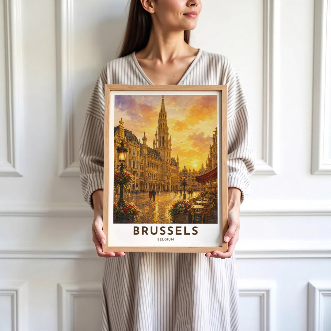 Sophisticated European city decor illustrating the romantic evening warmth and sunlit reflections of Brussels Grand Place in Belgium. Available in multiple presentation styles such as unframed paper prints, custom framed posters, and gallery stretched canvas.