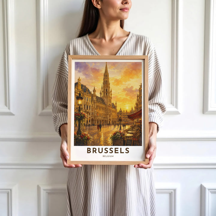 Sophisticated European city decor illustrating the romantic evening warmth and sunlit reflections of Brussels Grand Place in Belgium. Available in multiple presentation styles such as unframed paper prints, custom framed posters, and gallery stretched canvas.