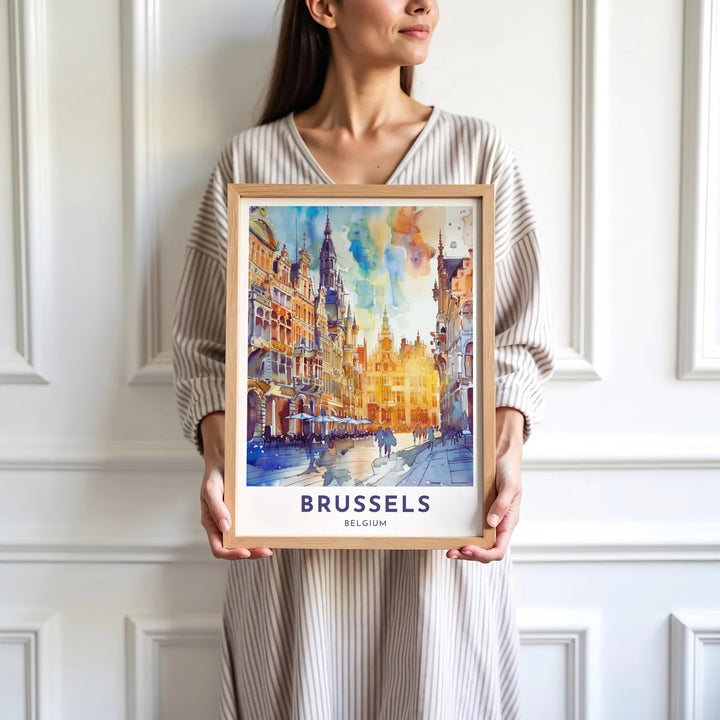 Sophisticated European city decor illustrating the historic charm and artistic reflections of Brussels Grand Place in Belgium. Available in multiple presentation styles such as unframed paper prints, custom framed posters, and gallery stretched canvas.