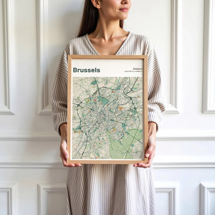 An enchanting map poster capturing the complete street grid and geographic coordinates of Brussels in Belgium. Offered by MapYourDreams, this artwork is available in flexible options including unframed paper, custom wooden frames, and gallery canvas wraps.