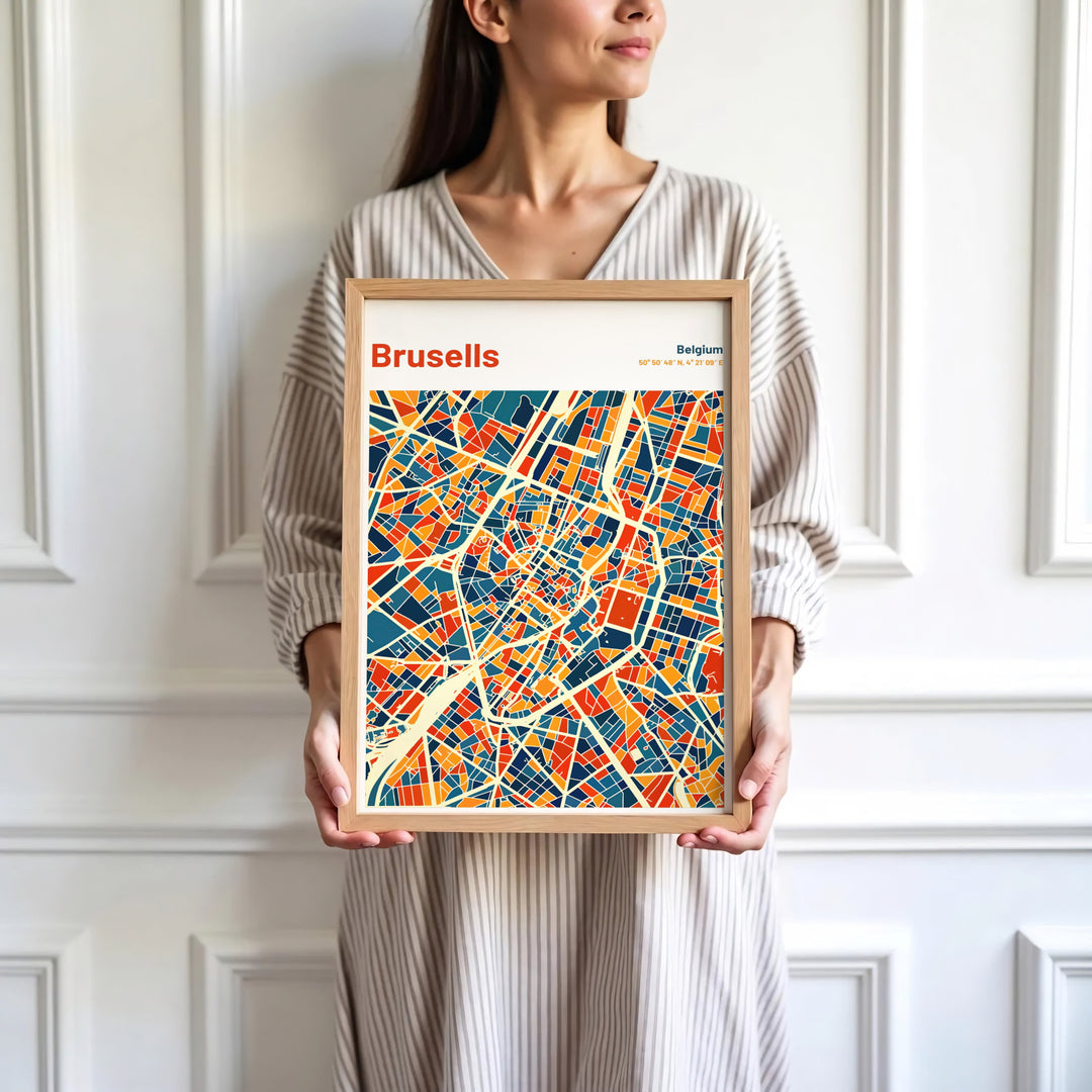 Sophisticated European map decor illustrating the street plan and modern aesthetic of Brussels in Belgium. Available in multiple presentation styles such as unframed paper prints, custom framed posters, and gallery stretched canvas.