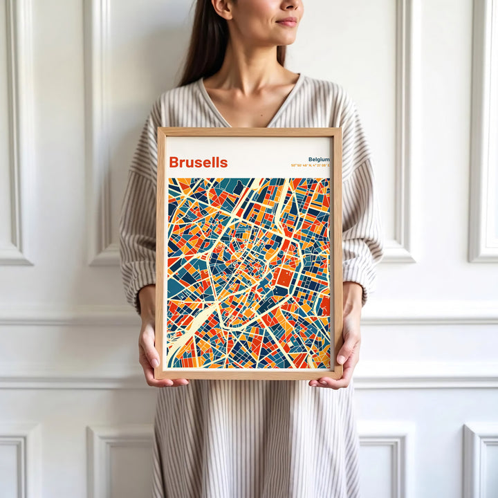 Sophisticated European map decor illustrating the street plan and modern aesthetic of Brussels in Belgium. Available in multiple presentation styles such as unframed paper prints, custom framed posters, and gallery stretched canvas.