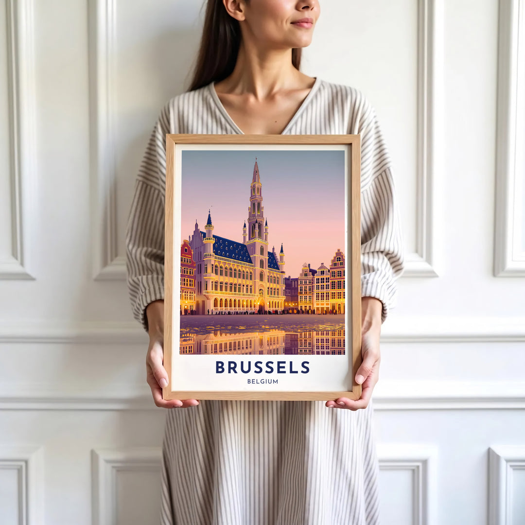 Sophisticated European city decor illustrating the sunset hues and Brabantine Gothic tower of Brussels, Belgium. Available in multiple presentation styles such as unframed paper prints, custom framed posters, and gallery stretched canvas.