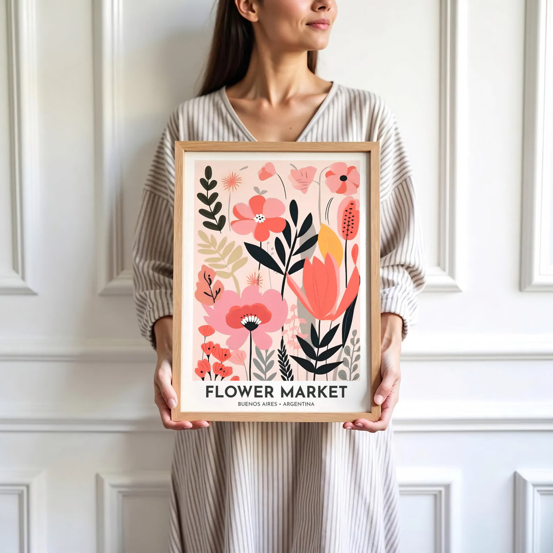Scandinavian vector botanical print showcasing a dense bouquet arrangement with Flower Market Buenos Aires text. Skillfully produced by MapYourDreams, this artwork is provided in multiple formats including unframed paper stock, custom frames, or stretched canvas wraps.