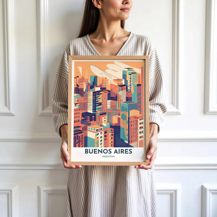 High-quality block print illustration of the Buenos Aires skyline bringing mid-century retro style to contemporary living rooms. An exclusive from MapYourDreams, you can select your preferred style from borderless paper prints, custom wooden framing, or gallery canvas wraps.