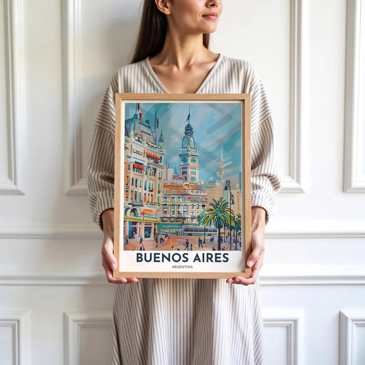 Soft pastel architectural print celebrating South American heritage with clock towers, awnings, and tropical street greenery. Skillfully produced by MapYourDreams, this artwork is provided in multiple formats including unframed paper stock, custom frames, or stretched canvas wraps.