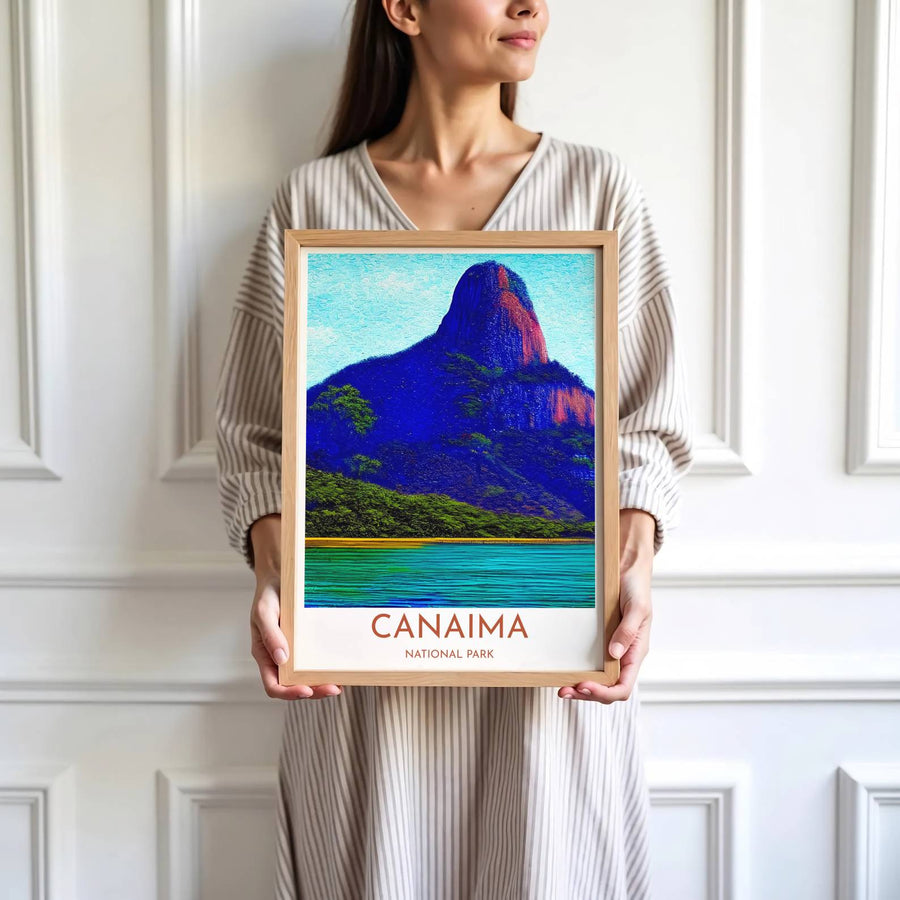 Saturated blue and pink travel print showing the ancient tepui cliff and reflective water of Canaima National Park in Venezuela. Skillfully produced by MapYourDreams, this artwork is provided in multiple formats including unframed paper stock, custom frames, or stretched canvas wraps.