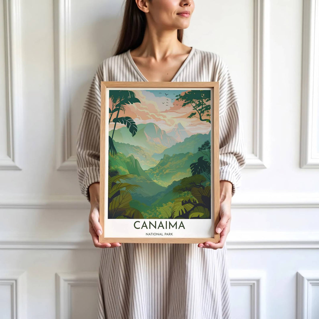 Saturated green and coral travel print showing the tepui valley and palm trees of Canaima National Park in Venezuela. Skillfully produced by MapYourDreams, this artwork is provided in multiple formats including unframed paper stock, custom frames, or stretched canvas wraps.