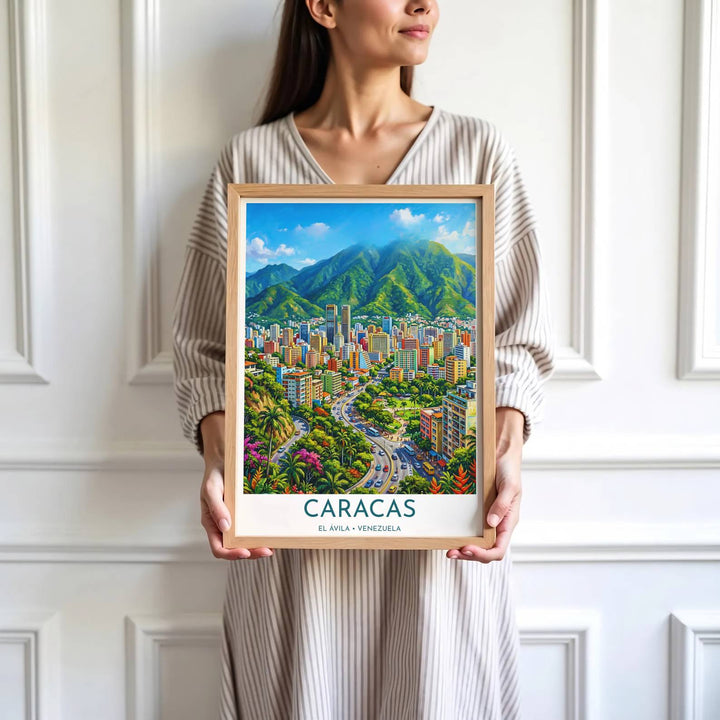 Saturated green and magenta travel print showing the city avenues and El Ávila mountain backdrop of Caracas, Venezuela. Skillfully produced by MapYourDreams, this artwork is provided in multiple formats including unframed paper stock, custom frames, or stretched canvas wraps.