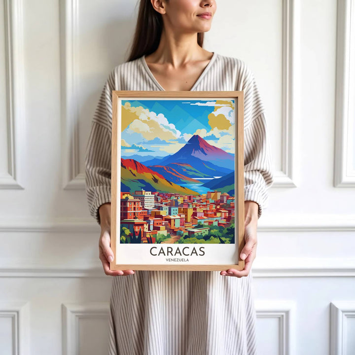 Saturated vector travel print showing the city buildings and Mount El Ávila peak of Caracas in Venezuela. Skillfully produced by MapYourDreams, this artwork is provided in multiple formats including unframed paper stock, custom frames, or stretched canvas wraps.