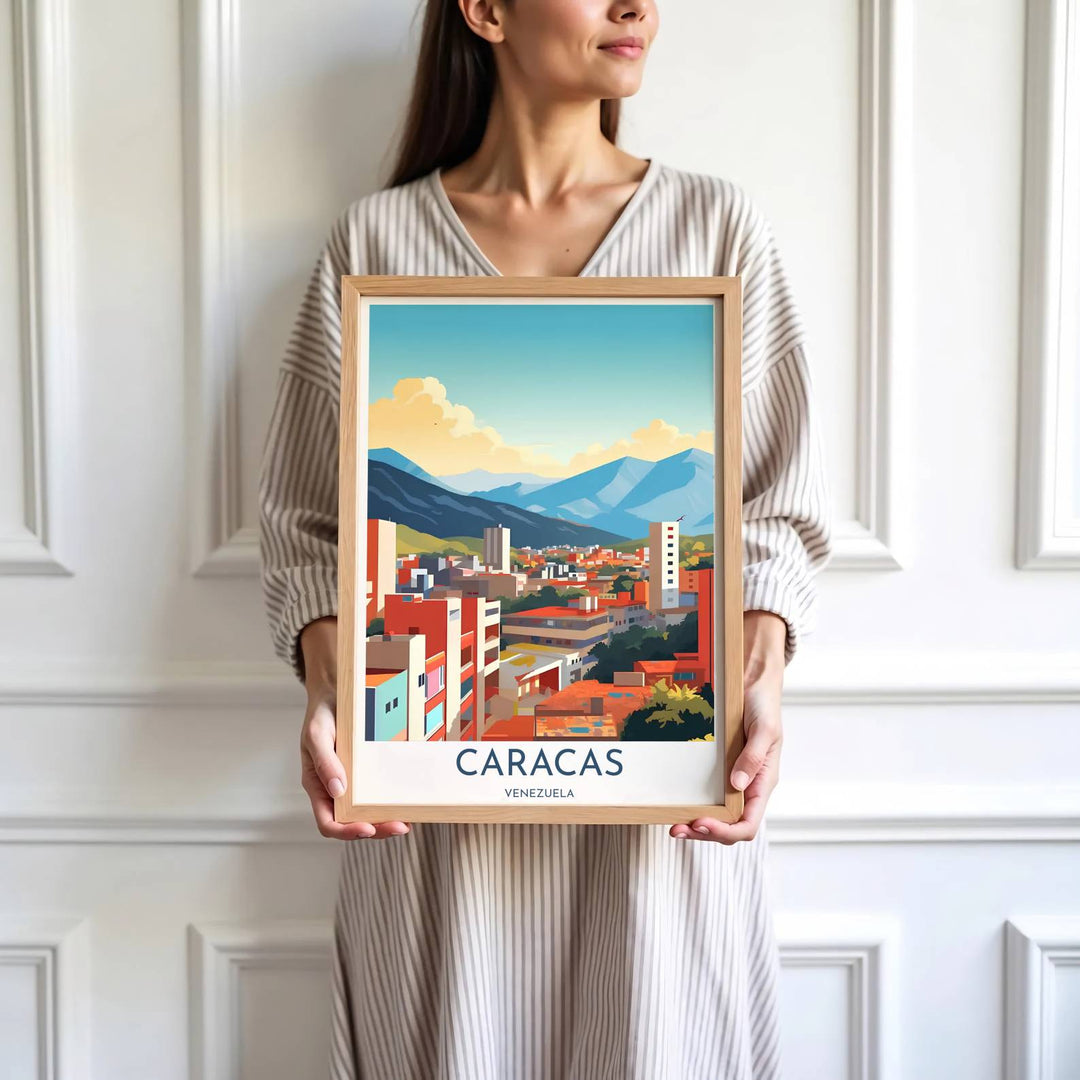 Saturated terracotta and slate blue travel print showing the city towers and Mount El Ávila peak of Caracas in Venezuela. Skillfully produced by MapYourDreams, this artwork is provided in multiple formats including unframed paper stock, custom frames, or stretched canvas wraps.