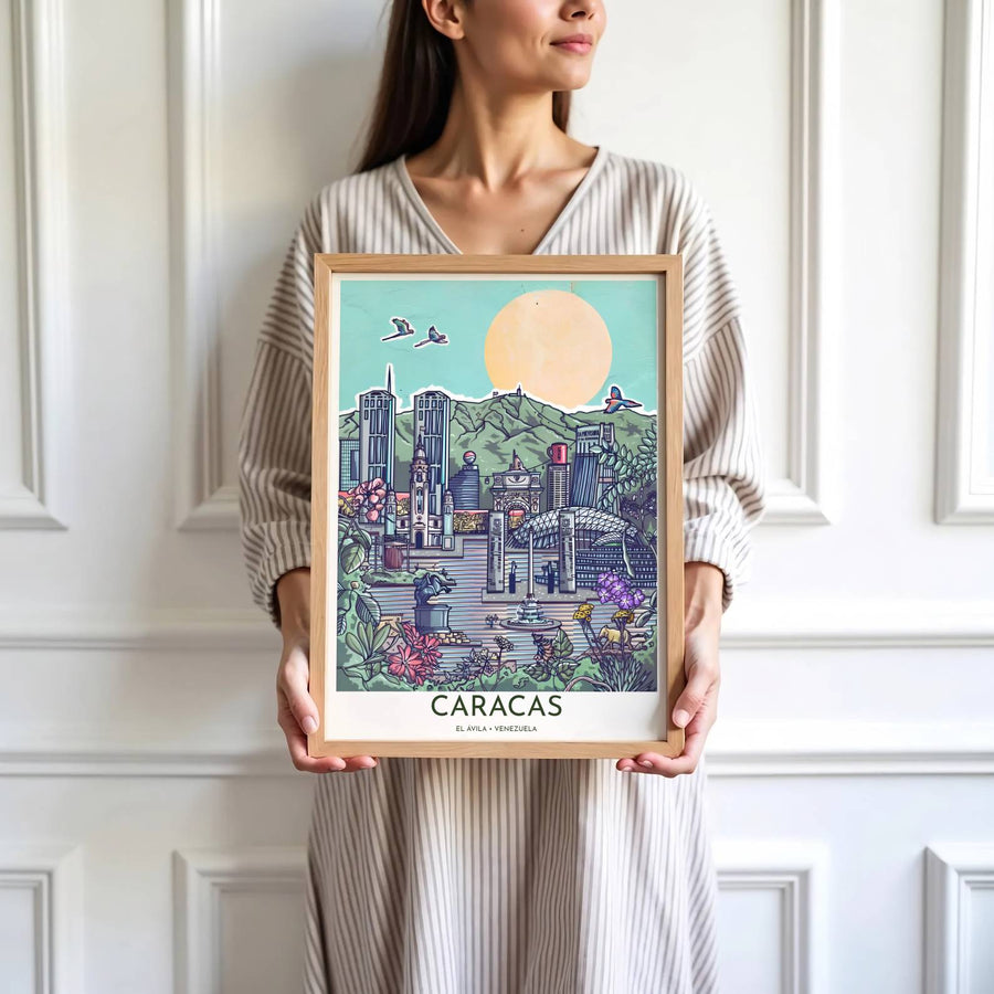 Saturated pop art travel print showing the city towers, macaws, and Mount El Ávila peak of Caracas in Venezuela. Skillfully produced by MapYourDreams, this artwork is provided in multiple formats including unframed paper stock, custom frames, or stretched canvas wraps.