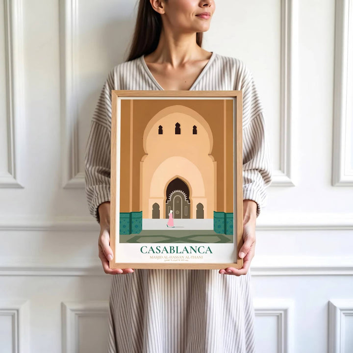 High detail vector print depicting Casablanca Hassan II Mosque carved archways, marble courtyard, and green tile dado borders. Brought by MapYourDreams, this artwork is available in flexible options including unframed paper, custom wooden frames, and gallery canvas wraps for study room decor.