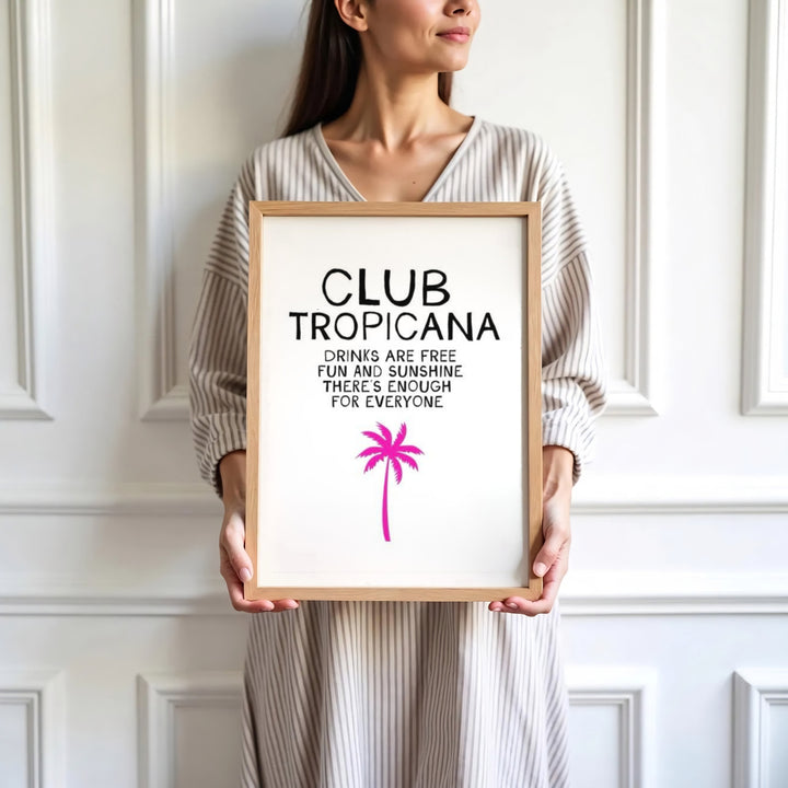 80s synth-pop lyric print featuring Wham song lines and a simple palm tree silhouette at Club Tropicana, presented by MapYourDreams where users can select unframed paper posters, ready-to-hang canvas decor, or custom framed wall art choices.