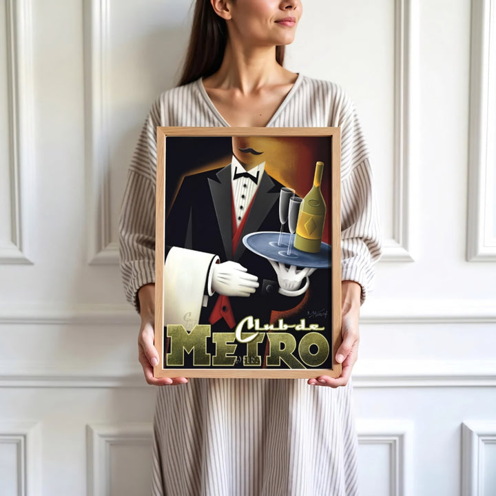 Contemporary vector fine art print of a tuxedo waiter serving champagne at Club de Metro in a historic venue setting, presented by MapYourDreams where customers can choose from unframed paper posters, ready-to-hang canvas decor, or custom framed wall art choices.