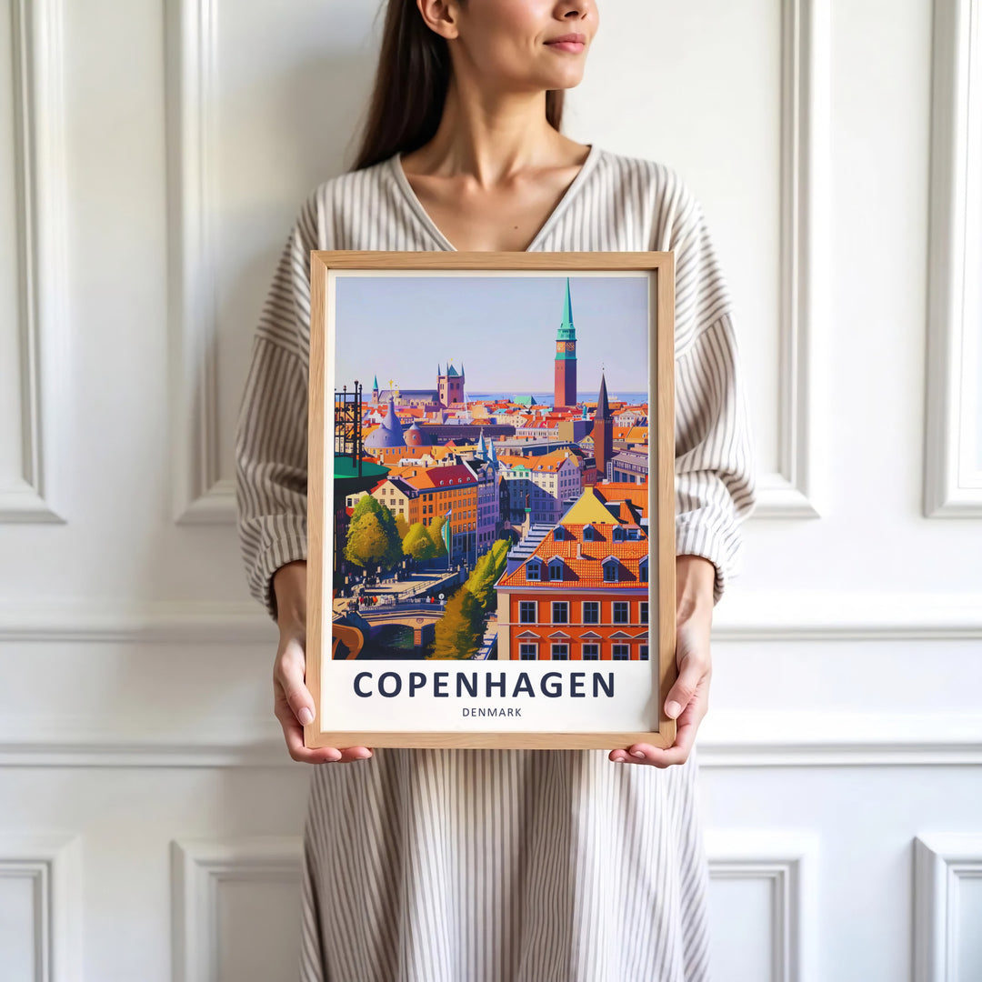 Scandinavian city wall decor featuring the iconic skyline of Copenhagen Denmark. Offered by MapYourDreams, this artwork is available in flexible options including unframed paper, custom wooden frames, and gallery canvas wraps.