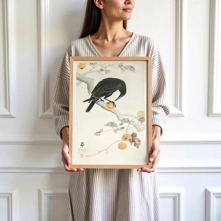 Soft cream background 1900 1910 vintage Japanese wall art showing a crow on persimmon branches from a historic Kyoto collection. Browse archival framed, unframed, and canvas poster choices at MapYourDreams.