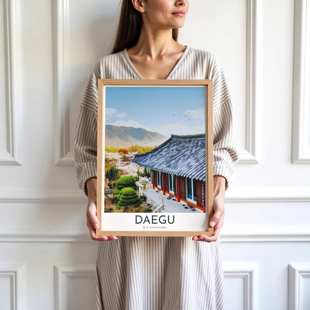 Minimalist white-bordered travel print of Donghwasa Temple in Daegu, South Korea, displaying traditional temple architecture, stone balconies, and soaring birds. Offered by MapYourDreams, this artwork is available in flexible options including unframed paper, custom wooden frames, and gallery canvas wraps.