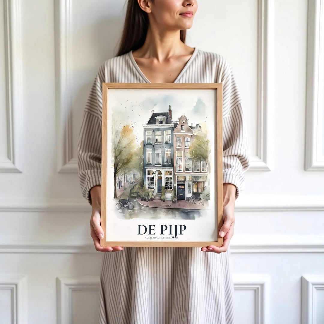 Contemporary watercolor art print of historic De Pijp townhouses with delicate linework and soft watercolor washes, presented by MapYourDreams where customers can choose from unframed paper posters, ready-to-hang canvas decor, or custom framed wall art choices.