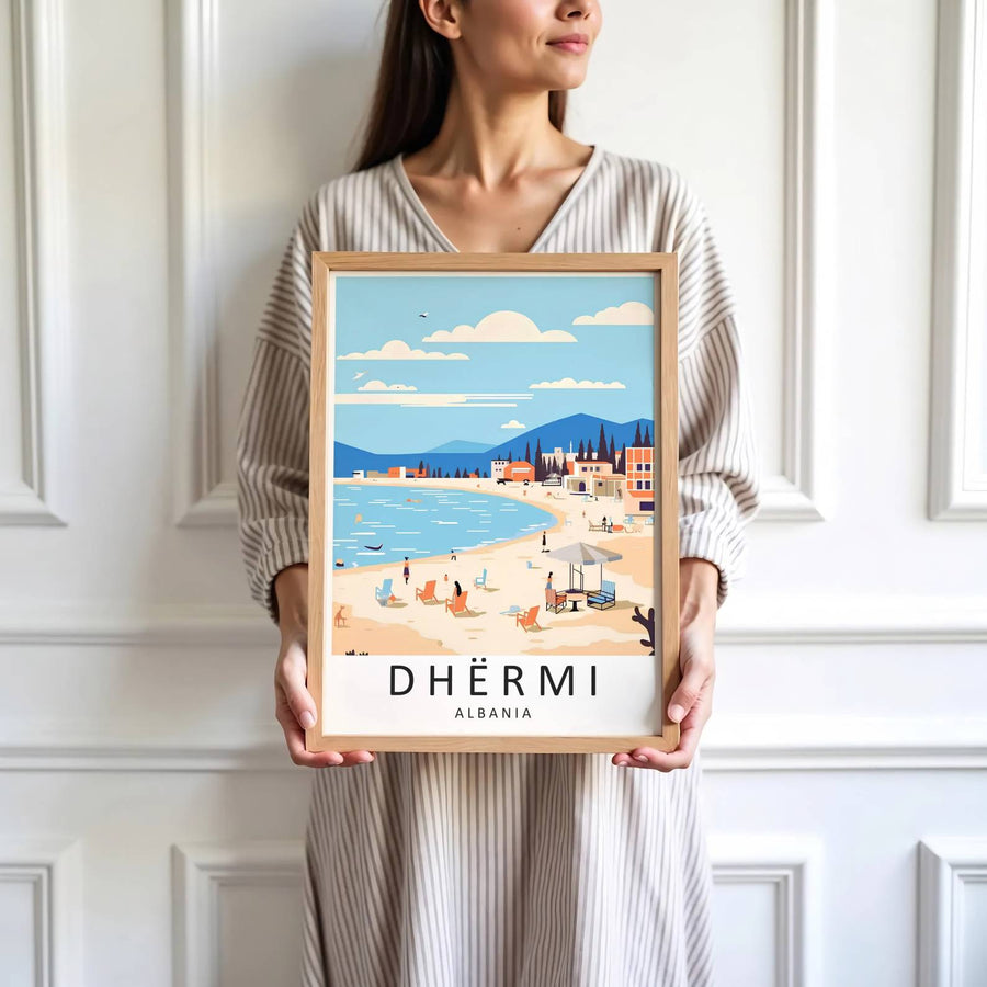 Crisp graphic artwork showing the beach of Dhërmi Albania with parasols, sun loungers, blue sea, and distant mountains framed by clear sky. Offered by MapYourDreams, this artwork is available in flexible options including unframed paper, custom wooden frames, and gallery canvas wraps.